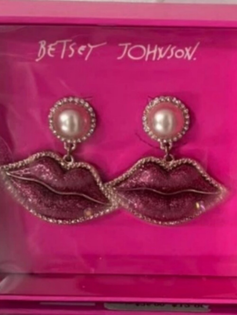 Betsey Johnson Large Pink Glitter Lip Drop Earrings with Pearl Studs